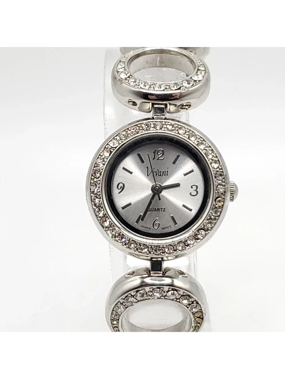 Vivani Rhinestone Quartz Womens Watch 24mm Silver Tone New Battery